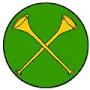 SCA Heralds' office badge: Vert, two crossed trumpets Or.